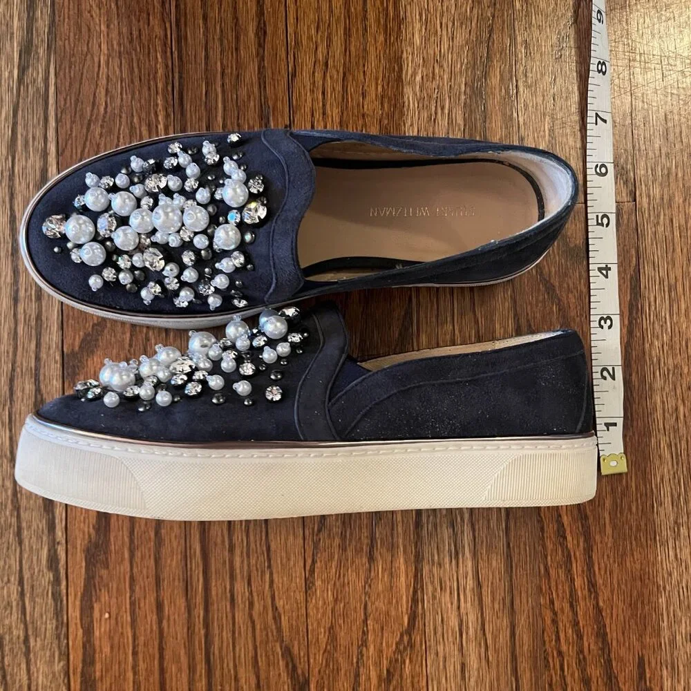 Stuart Weitzman Faux Pearl Crystal Studded Suede Sneakers Luxury Athleisure 5.5